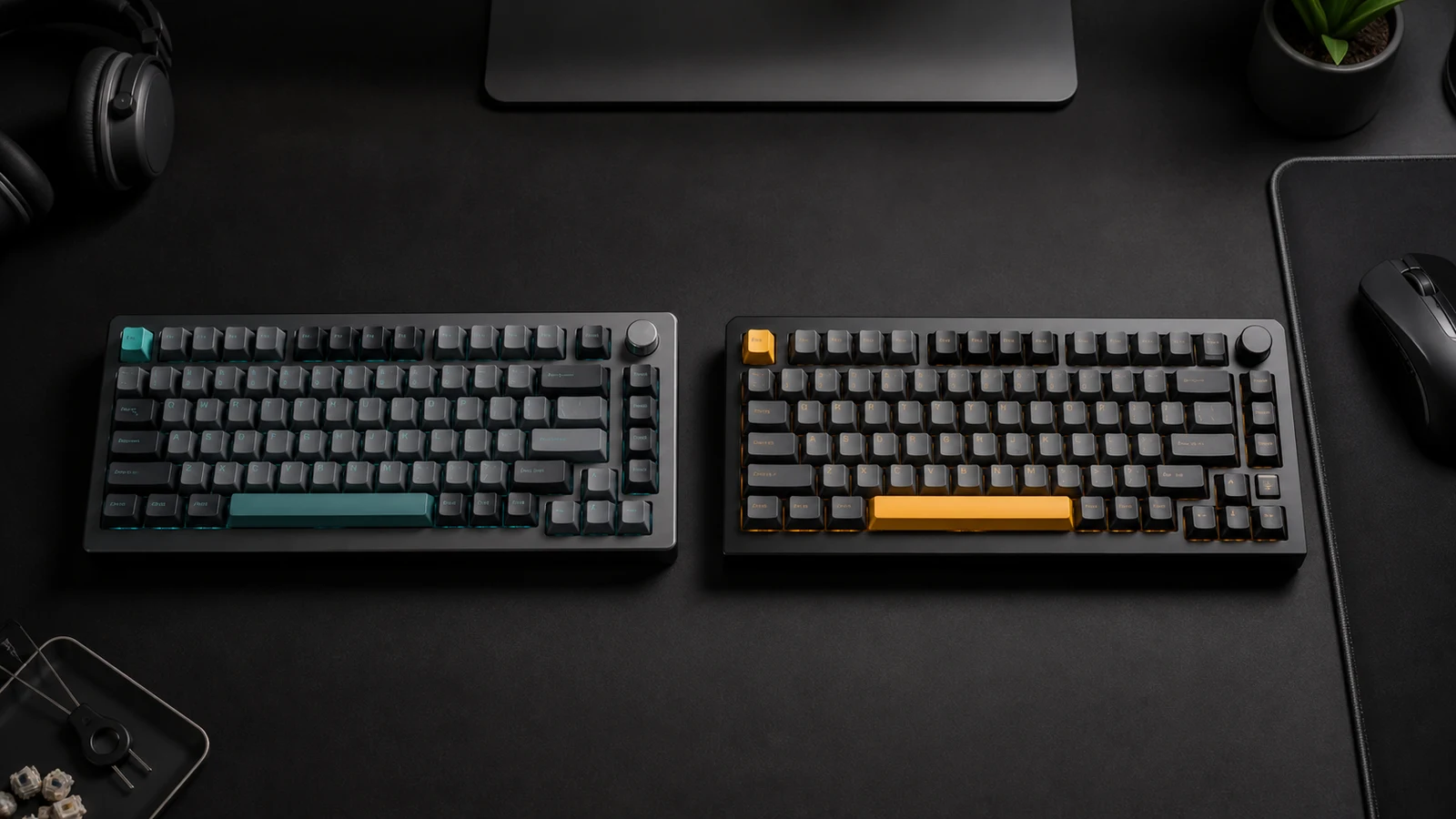 Imagem editorial do comparação: Keychron K2 HE vs K2 Pro: Hall effect ou mecânico?