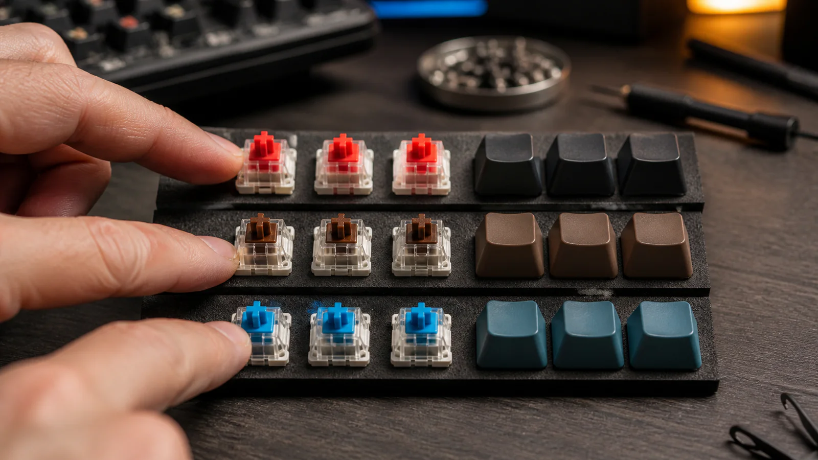 Imagem editorial do comparação: Switches vermelhos vs castanhos vs azuis: qual escolher?