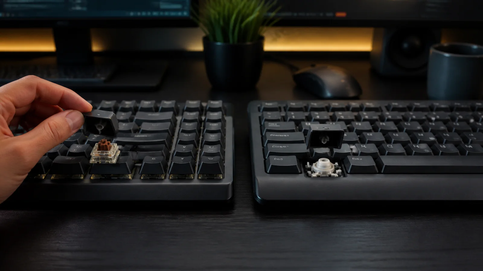 Imagem editorial do comparação: Teclado mecânico vs membrana: qual escolher?