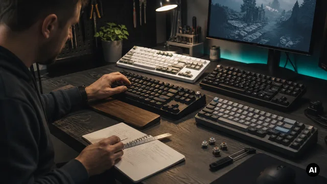 Uma pessoa compara teclados de vários formatos com apontamentos numa secretária.