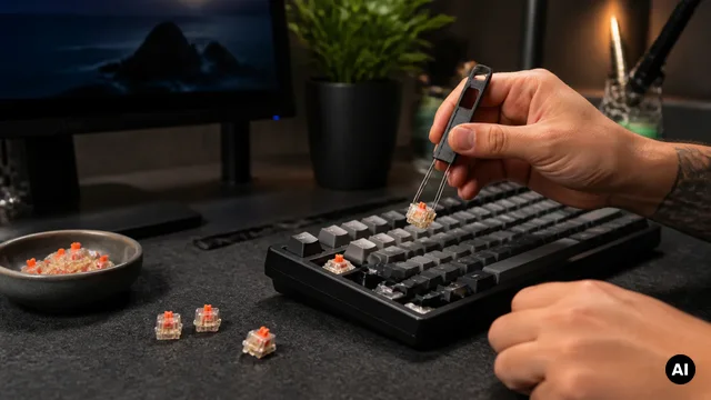 Um interruptor junto de um teclado com algumas teclas removidas.