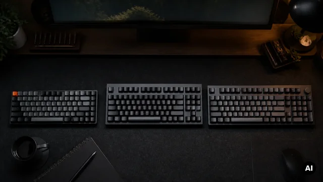 Três formatos de teclado alinhados para comparar largura e teclas dedicadas.