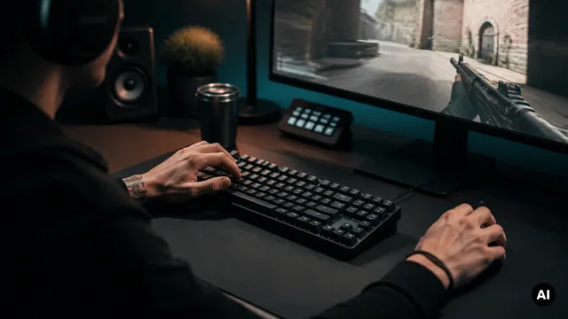 Secretária com teclado e rato diante de um jogo de tiros.
