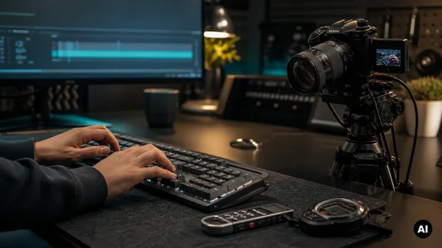 Teclado e equipamento de observação numa secretária, como contexto para explicar a leitura das teclas.