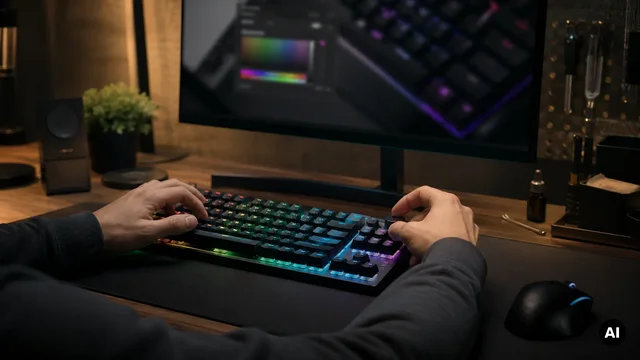 Teclado iluminado diante de um ecrã com controlos de configuração.