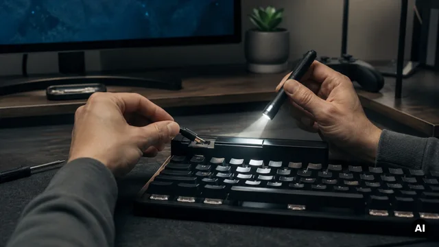 Cabo e conector observados junto de um teclado.