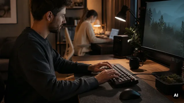 Duas pessoas a trabalhar em secretárias próximas com os seus teclados.