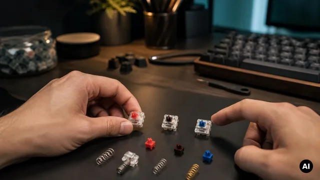 Vários interruptores de teclado e molas separados para observar a construção.